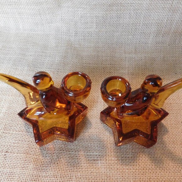 VTG L E Smith Amberina Gold Amber Angel Candle Holder Set Lot of 2 - Picture 6 of 8